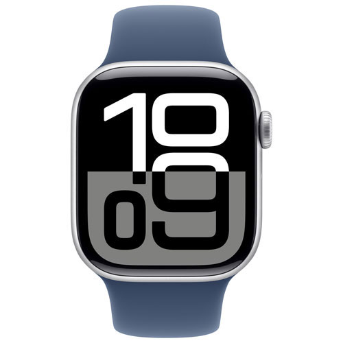 Apple Watch Series 10 avec boîtier de 42 mm en aluminium argenté et bracelet sport denim par Freedom Mobile - Petit/Moyen - Paiement Balance mensuel