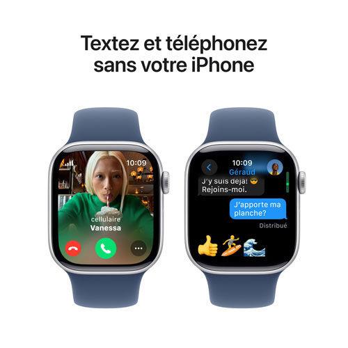 Apple Watch Series 10 avec boîtier de 42 mm en aluminium argenté et bracelet sport denim par Freedom Mobile - Petit/Moyen - Paiement Balance mensuel