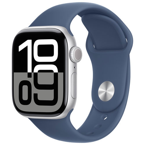 Apple Watch Series 10 avec boîtier de 42 mm en aluminium argenté et bracelet sport denim par Freedom Mobile - Moyen/Grand - Paiement Balance mensuel