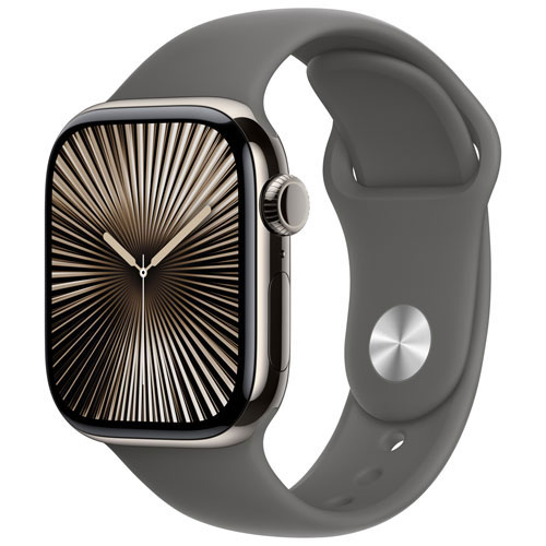 Apple Watch Series 10 avec boîtier de 42 mm en titane naturel et bracelet sport gris pierre par Freedom Mobile - Petit/Moyen - Paiement Balance