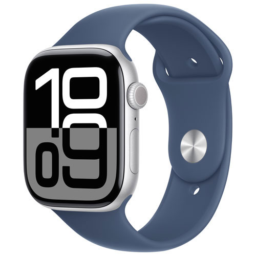 Apple Watch Series 10 avec boîtier de 46 mm en aluminium argenté et bracelet sport denim par Freedom Mobile - Petit/Moyen - Paiement Balance mensuel