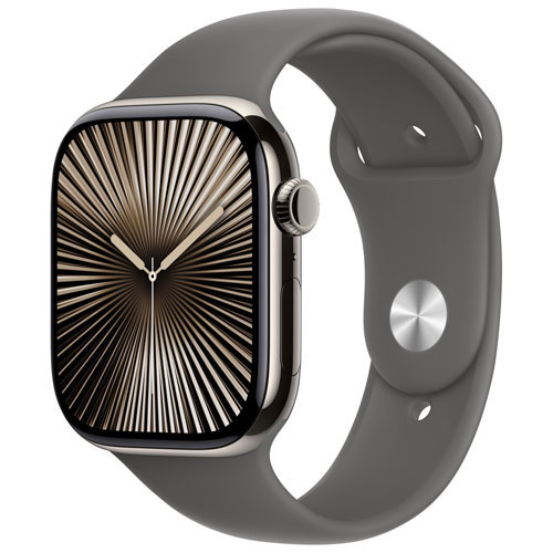 Apple Watch Series 10 avec boîtier de 46 mm en titane naturel et bracelet sport gris pierre par Freedom Mobile - Moyen/Grand - Paiement Balance