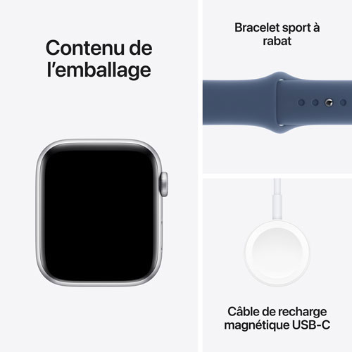 Apple Watch SE avec boîtier de 44 mm en aluminium argenté et bracelet sport denim par Freedom Mobile - Moyen/Grand - Paiement Balance mensuel