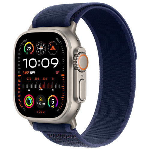 Apple Watch Ultra 2 avec boîtier de 49 mm en titane naturel et bracelet Sentier bleu par Freedom Mobile - Petit/Moyen - Paiement Balance mensuel