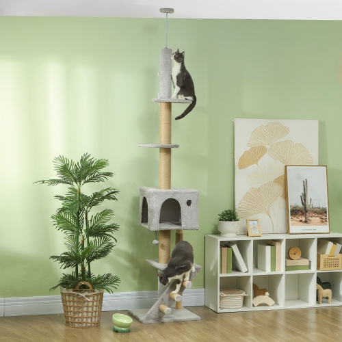 PawHut Floor to Ceiling Cat Tree for Large Cats Adult, Cat Tower Adjustable Height 89"-100" w/ Scratching Post, Cat House, 3-Steps, Hanging Ball,