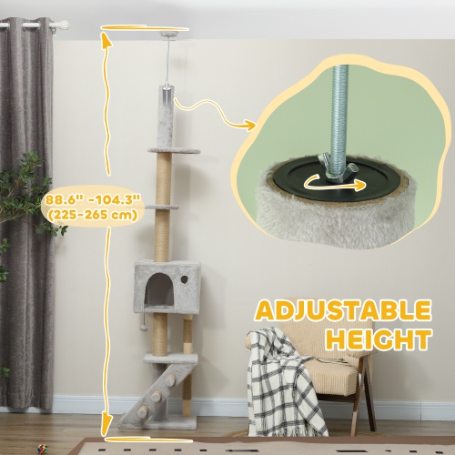 PawHut Floor to Ceiling Cat Tree for Large Cats Adult, Cat Tower Adjustable Height 89"-100" w/ Scratching Post, Cat House, 3-Steps, Hanging Ball,