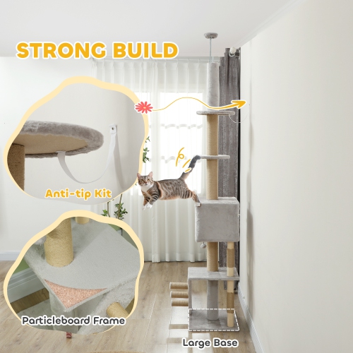 PawHut Floor to Ceiling Cat Tree for Large Cats Adult, Cat Tower Adjustable Height 89"-100" w/ Scratching Post, Cat House, 3-Steps, Hanging Ball,