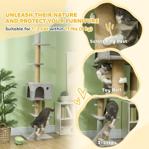 PawHut Floor to Ceiling Cat Tree for Large Cats Adult, Cat Tower Adjustable Height 89"-100" w/ Scratching Post, Cat House, 3-Steps, Hanging Ball,