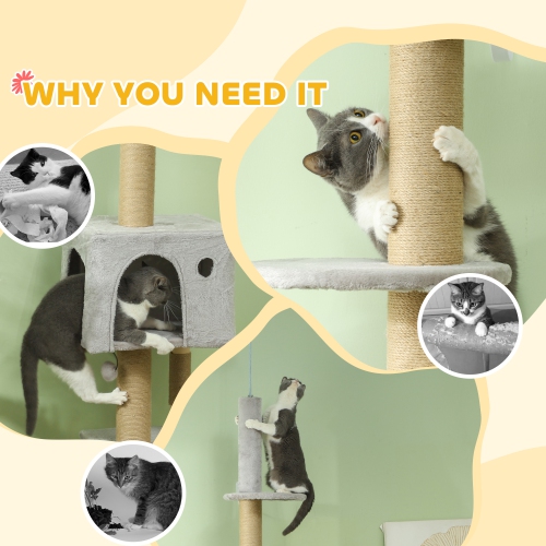 PawHut Floor to Ceiling Cat Tree for Large Cats Adult, Cat Tower Adjustable Height 89"-100" w/ Scratching Post, Cat House, 3-Steps, Hanging Ball,