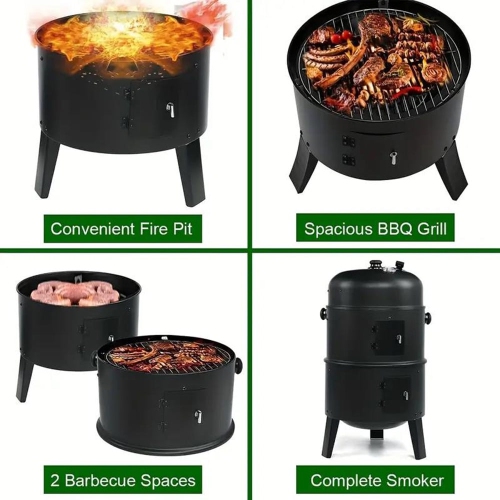 TOPTENG Vertical Charcoal BBQ Smoker, 3-in-1 16" Round Charcoal Barbecue Grill with 2 Cooking Area, and Thermometer for Outdoor Camping Picnic