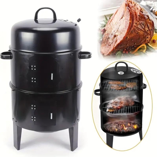 TOPTENG Vertical Charcoal BBQ Smoker, 3-in-1 16" Round Charcoal Barbecue Grill with 2 Cooking Area, and Thermometer for Outdoor Camping Picnic