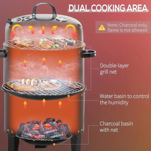 TOPTENG Vertical Charcoal BBQ Smoker, 3-in-1 16" Round Charcoal Barbecue Grill with 2 Cooking Area, and Thermometer for Outdoor Camping Picnic