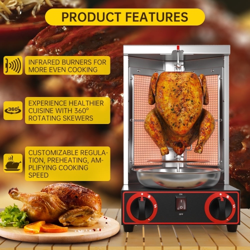 TOPTENG 110V 2000W Commercial Electric Vertical Gas Shawarma Broiler Machine Spinning Doner Kebab Gyro Grill Machine, Rotisserie Doner Kebab Gyro