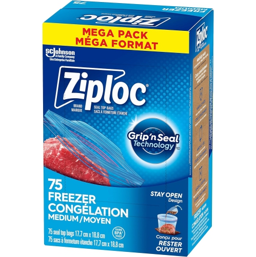 Ziploc Medium Food Storage Freezer Bags, Grip 'n Seal Technology for Easier Grip, Open and Close, 75 Count