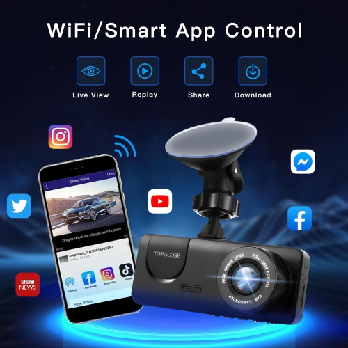 3 Channel Dash Cam WiFi FHD 1080P Car Camera 64GB TF Card,TOPGOOSE Front Dash Camera Front and Rear Inside for Cars,Mini Dashcams with Night