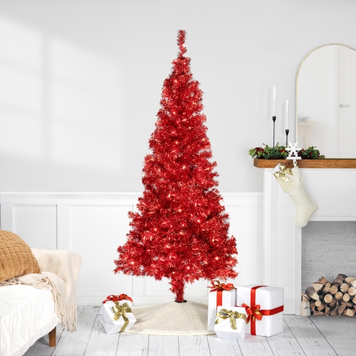 NORTHLIGHT  Pre-Lit Profile Artificial Tinsel Christmas Tree - 6' - - Clear Lights In Red