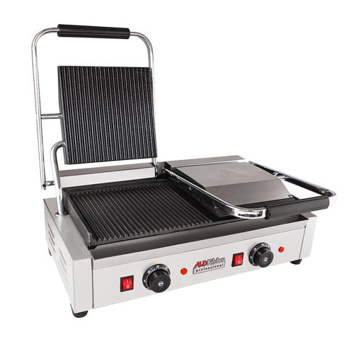 AP-691 Double Panini Press | Half-Ribbed & Half-Flat Sandwich Maker | Cast-Iron Plates | Nonstick Coating | 110V