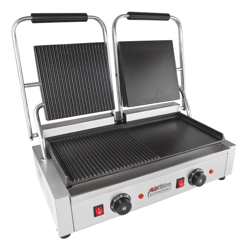 AP-691 Double Panini Press | Half-Ribbed & Half-Flat Sandwich Maker | Cast-Iron Plates | Nonstick Coating | 110V
