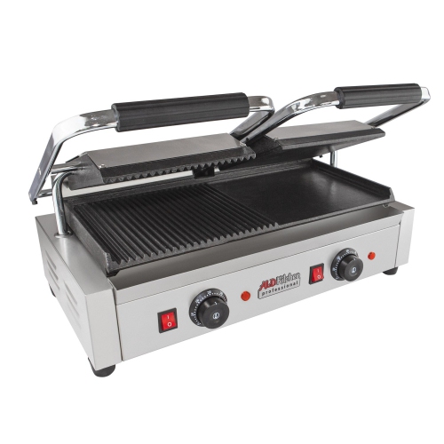 AP-691 Double Panini Press | Half-Ribbed & Half-Flat Sandwich Maker | Cast-Iron Plates | Nonstick Coating | 110V