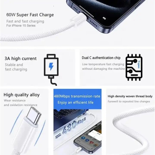 [1M/3.3Ft] MFi Certified 60W USB C to C Braided Nylon Fast Charging Cable Cord for iPhone 15 16 iPad Samsung