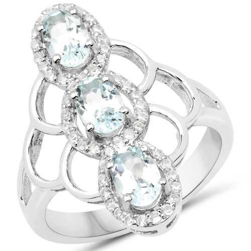 QJ  1.54 Carat Genuine Aquamarine And Zircon .925 Sterling Silver Ring In White