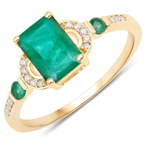 QJ  1.07 Carat Genuine Zambian Emerald And White Diamond 14K Gold Ring In Yellow