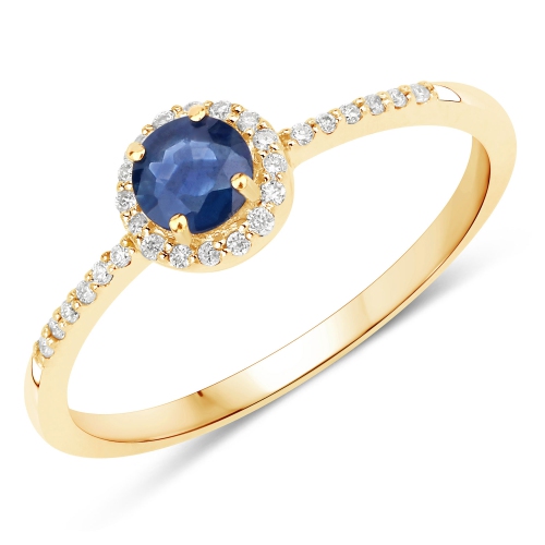 QJ  0.38 Carat Genuine Blue Sapphire And White Diamond 14K Gold Ring In Yellow