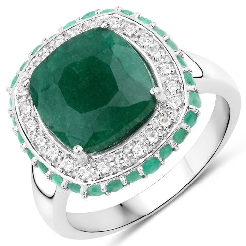 QJ  4.90 Carat Dyed Emerald, Emerald And Topaz .925 Sterling Silver Ring In White