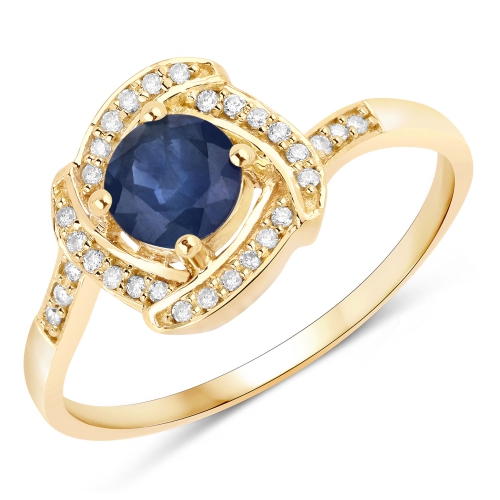 QJ  0.73 Ct Genuine Blue Sapphire And White Diamond 14K Gold Ring In Yellow