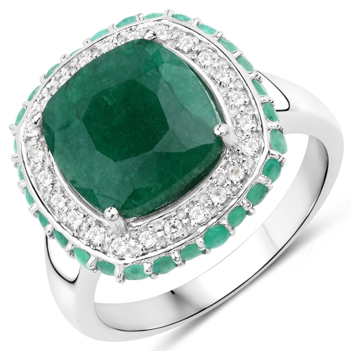 QJ  4.90 Carat Dyed Emerald, Emerald And Topaz .925 Sterling Silver Ring In White
