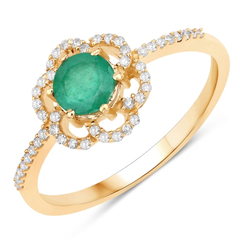 QJ  0.55 Carat Genuine Zambian Emerald And White Diamond 14K Gold Ring In Yellow