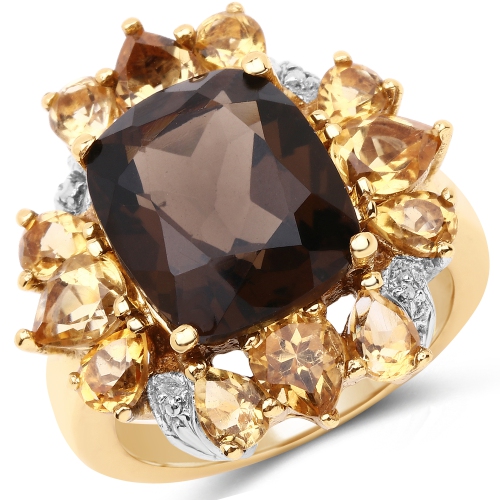 QJ  14K Gold Plated 7.10 Carat Genuine Smoky Quartz, Citrine & White Topaz Brass Ring In Yellow