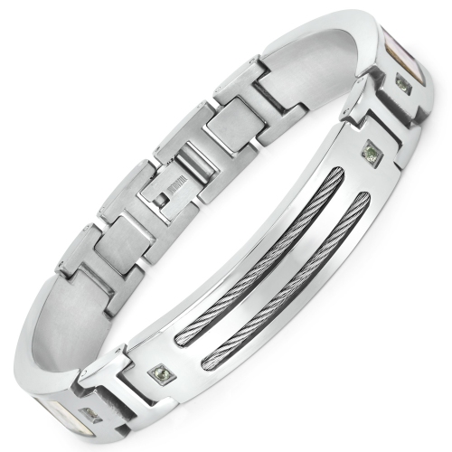 QJ  Mens Titanium Bracelet With Silver Plate Steel Inlay 0.48Ct.w. Natural Sapphire Rounds In Green