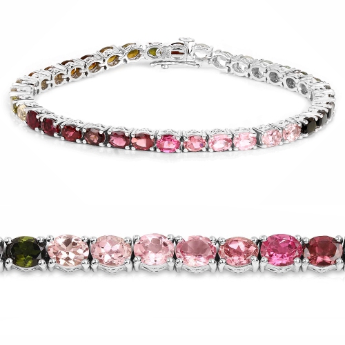 11.16 Carat Genuine Pink Tourmaline Green Tourmaline & Brown Tourmaline .925 Silver Bracelet