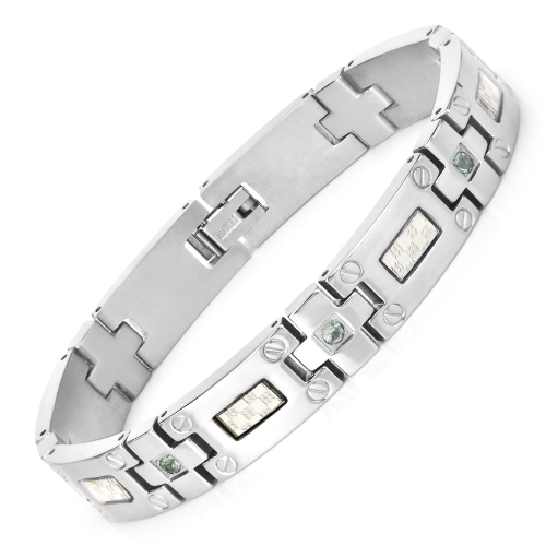 QJ  Mens Titanium Bracelet With Silver Plate Steel Inlay 0.56Ct.w. Natural Sapphire Rounds In Green