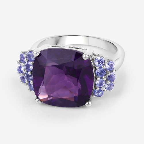 Bague en argent sterling .925 K avec améthyste véritable et tanzanite d'6,34&nbsp;carat