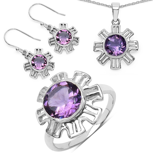 7.07 Carat Genuine Amethyst .925 Sterling Silver Ring, Pendant and Earrings Set