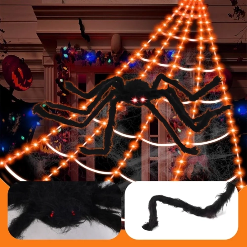 GENER  3-Color Halloween Spider Web Lights - 200 Led (16.4Ft) With Remote | 11 Modes & 49" Giant Glowing Spider | Purple, Orange Decorations In Pink