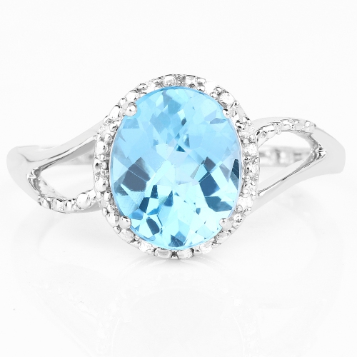 3.29 Carat Genuine Swiss Blue Topaz and White Diamond 10K White Gold Ring