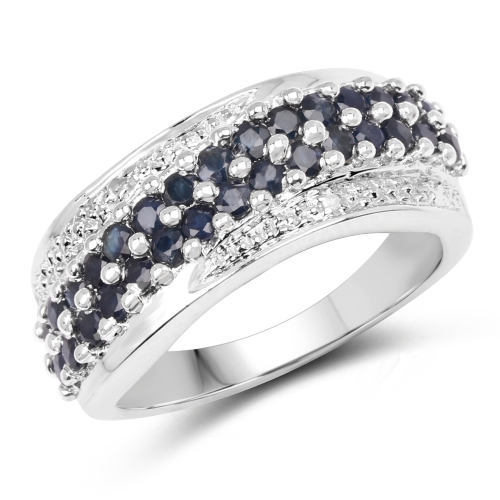 QJ  1.21 Carat Genuine Sapphire And White Diamond .925 Sterling Silver Ring In Blue