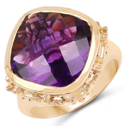 QJ  14K Gold Plated 8.40 Carat Genuine Amethyst .925 Sterling Silver Ring In Yellow