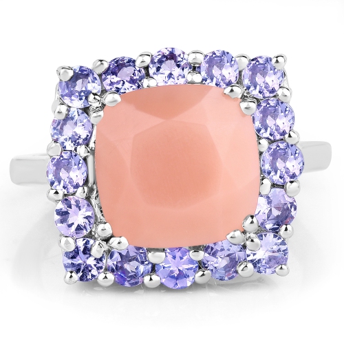 Bague en argent sterling .925 K, véritable pierre de lune pêche et tanzanite de 6,70 carat