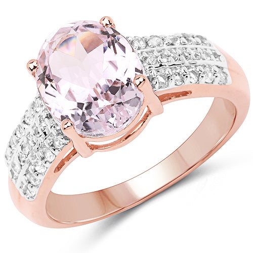 QJ  14K Rose Gold Plated 3.27 Carat Genuine Kunzite Oval And Zircon .925 Sterling Silver Ring Ring In White
