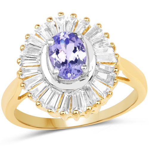 QJ  14K Gold Plated 2.16 Carat Genuine Tanzanite & White Topaz .925 Sterling Silver Ring In Yellow