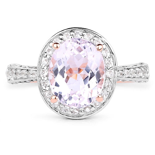 Bague en argent sterling plaqué or rose 14K ct avec Kunzite véritable et zircon blanc .925 ct d'3,86&nbsp;carat