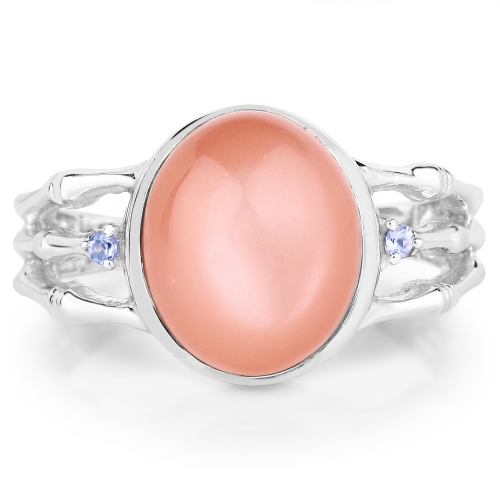 6.54 Carat Genuine Peach Moonstone and Tanzanite .925 Sterling Silver Ring