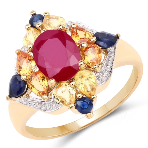 QJ  14K Gold Plated 3.76 Carat Genuine Multi Stone .925 Sterling Silver Ring In Yellow