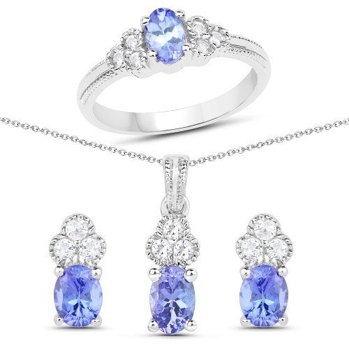 1.93 Carat Genuine Tanzanite & White Topaz .925 Silver 3 Pc Jewelry Set Ring Earring & Pendant Chain