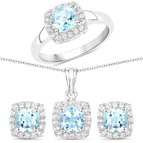 4.62 Carat Genuine Blue White Topaz .925 Silver 3 Pc Jewelry Set Ring Earring & Pendant Chain