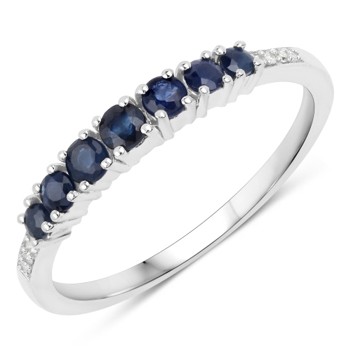 QJ  0.45 Ct Genuine Sapphire And White Diamond 14K White Gold Ring In Blue